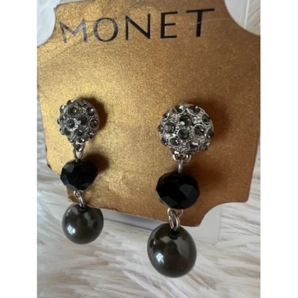 Monet Drop Earrings Black Silver Rhinestone Dangle Crystal Pearl Art Deco Glam